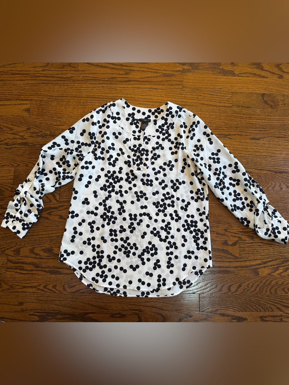 Ann Taylor White Black Polka Dot V-Neck Long Sleeve Polyester Blouse PXS